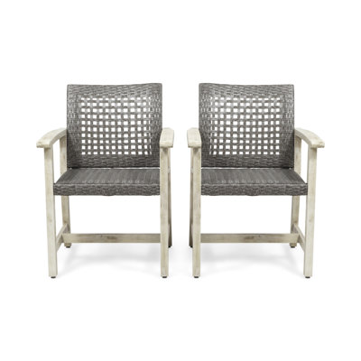 Outdoor Dining Chairs Set of 2, Acacia Wood Patio Armchairs with Woven Seat and Backrest