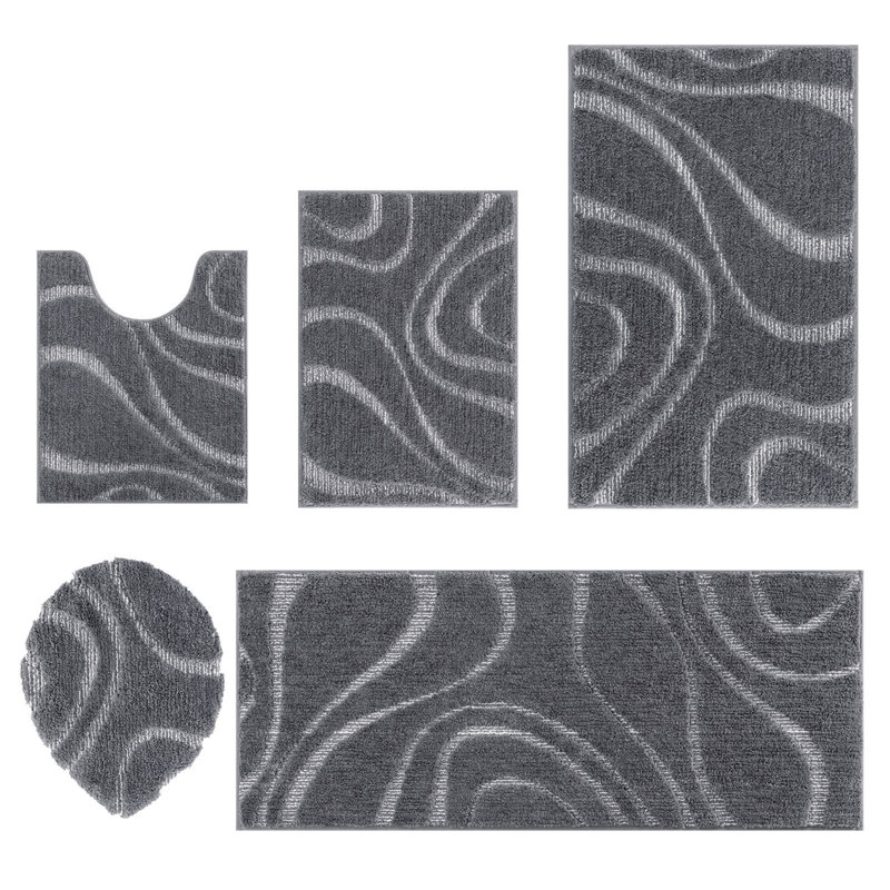 5 Piece Soft Absorbent Microfiber Bath Rug Set with Non-Slip Backing, Dark Gray/White