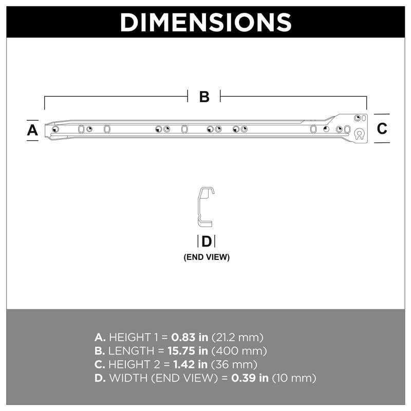 Glissière de tiroir pleine extension en métal, H 0,08 po x l 16 po x P 1,2 po