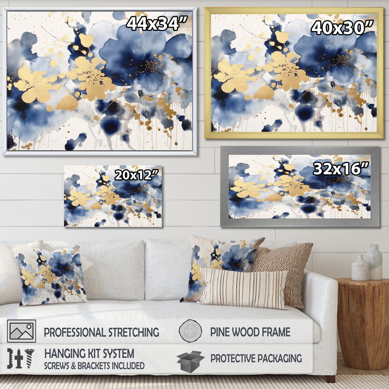 Fleurs bleues et lilas sur toile, Encadrement doré, H 12 po x l 20 po x P 1 po