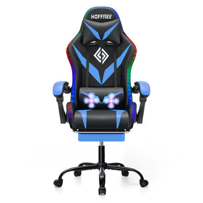 HOFFREE Fauteuil de jeu avec lumières DEL RVB et massage Fauteuil de jeu vidéo avec repose-pieds Fauteuil d'ordinateur inclinable ergonomique à haut dossier