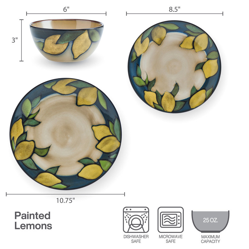 Service de table 12 pièces en grès Painted Lemons, service pour 4