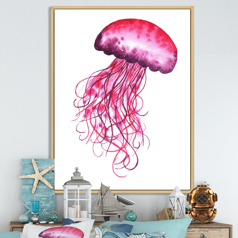 Adorable méduse rose méduse - Décoration murale nautique et côtière en toile, L 16 po x H 32 po x P 1,5 po