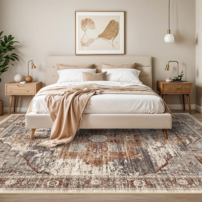 Washable Rugs - Large Boho Rugs for Living Room Stain Resistant Carpet Vintage Tribal Rugs for Bedroom Kitchen Bathroom Non Slip Backing Home Decor Floor Decoration Mat Brick