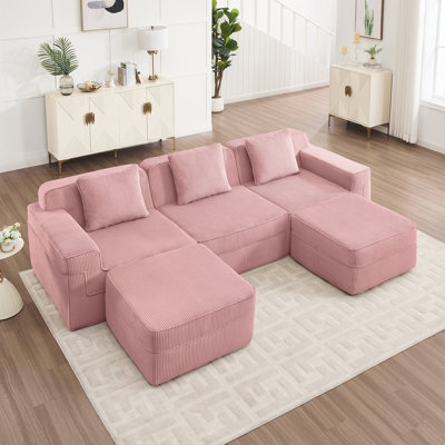 Canapé modulaire modulaire en forme de U en velours côtelé à assise profonde moderne avec repose-pieds et coussins pour le confort du salon