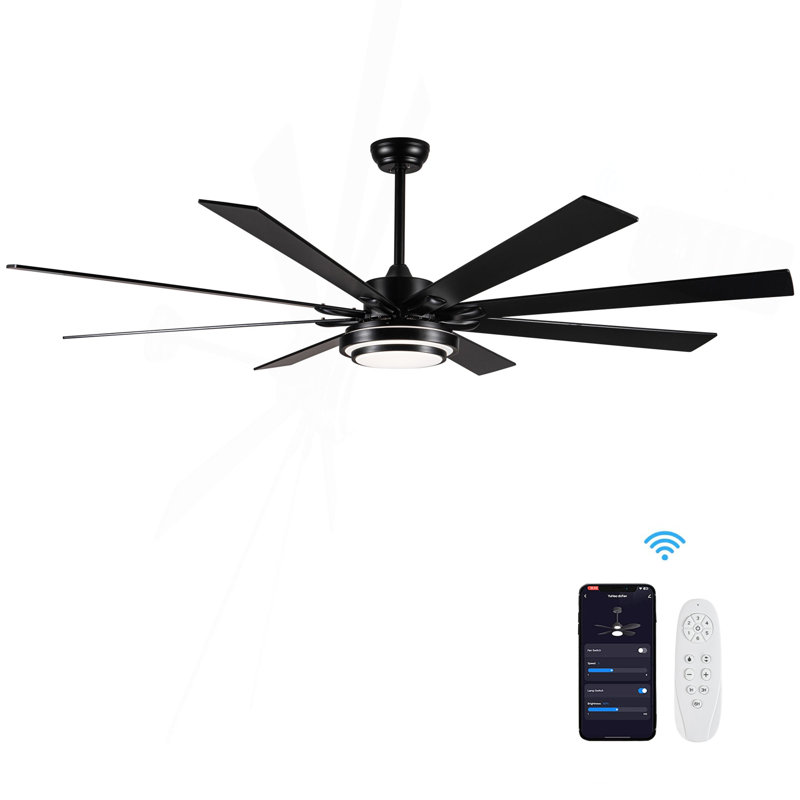 Ventilateur de plafond intelligent 72 po à DEL noir mat avec télécommande, 72" Wide, Black