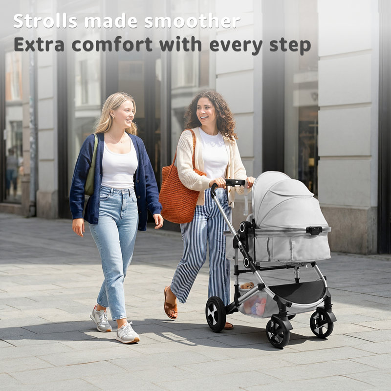 Convertible Baby Stroller, Folding High Landscape Infant Carriage, Adjustable Canopy, Diaper Bag, Anti-Shock, Gray