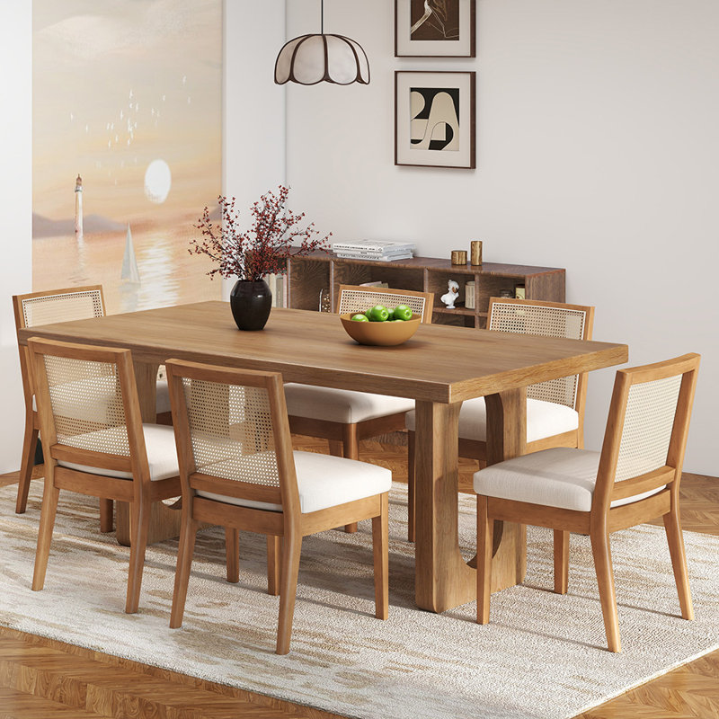 Chaises d'appoint et chaises d'appoint en bois massif avec dossier en rotin, Brun, 6