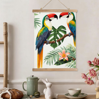 Paire de perroquet tropical, suspension murale suspendue, 16 x 24, cintre en bois intégré