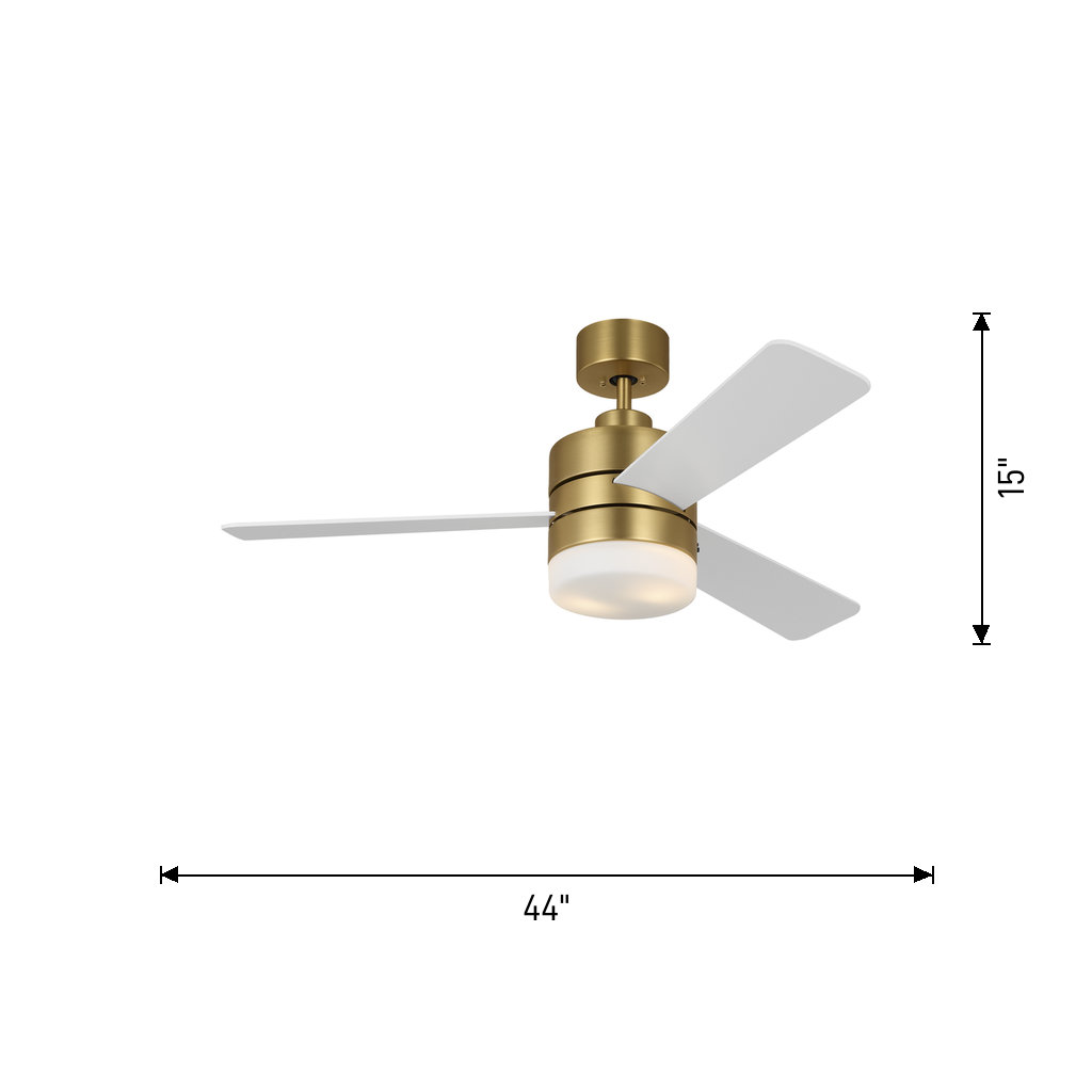 Adna 44'' 3 Blade Ceiling Fan with Light Kit, Matte White, 44", Burnished Brass