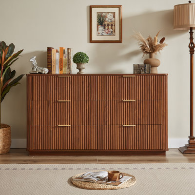 55" Wide Modern Walnut Dresser TV Stand - 6 Drawers with Curved Wave Design, Wood Organizer for Bedroom/Living Room/Hallway
