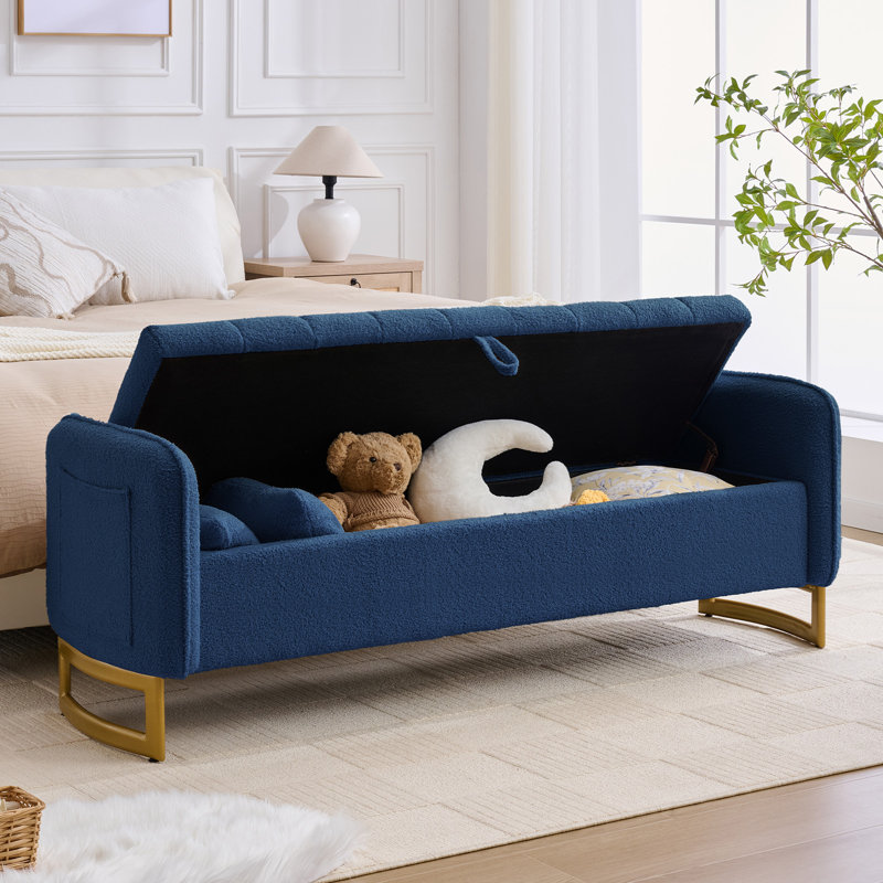 66"W Upholstered Teddy Modern Bedroom Storage Bench End of Bed with Gold Legs,Arm Pocket and 2 Pillows, Blue Teddy, 66'' W