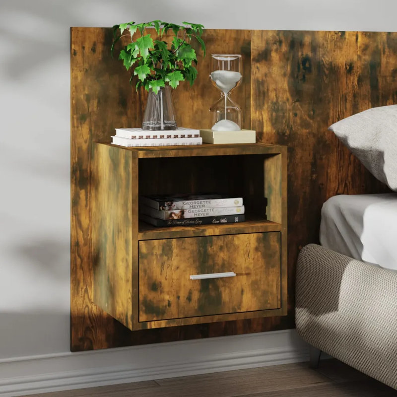 Jaicee Wall-mounted Bedside Cabinet, Smoked Oak, Set of 2