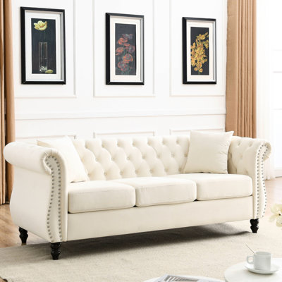 3 + In Beige Velvet - Spacious & Fashionable Couch Classic Appearance Removable Pillows