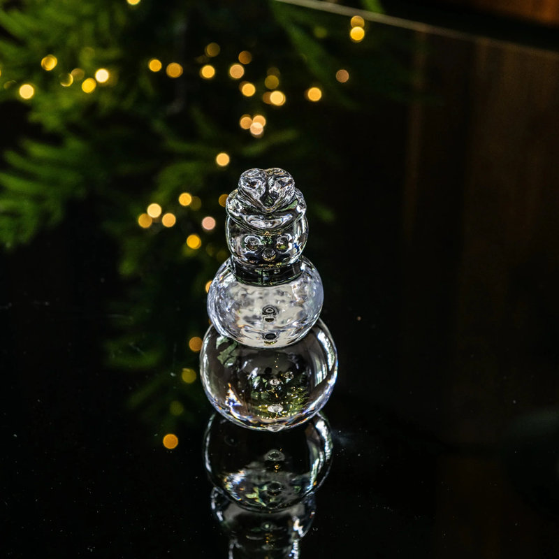 Handmade Glass Tall Snowman Figurine, 7.25" H x 3" W x 3" D