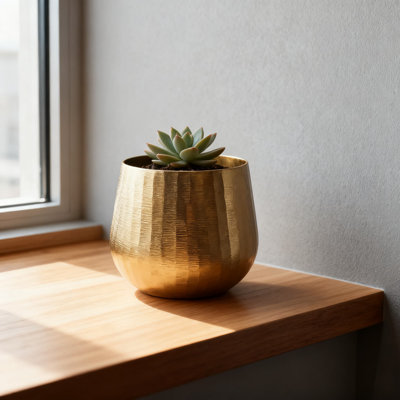 Hammered Brass Planter For Indoor Plants And Succulents - Modern Vintage Decorative Metal Flower Pot For Living Room, Kitchen, Office Decor