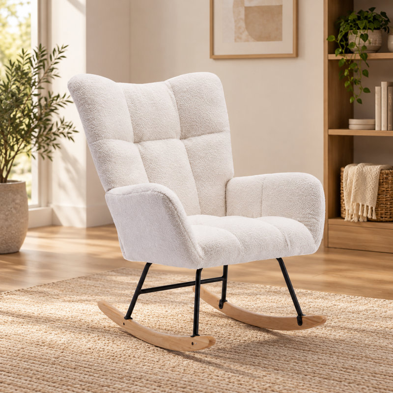 Fauteuil à bascule ergonomique Comfy Teddy en tissu doux avec poche de rangement latérale, idéal pour l'allaitement, avec base en bois massif. Fauteuil d'appoint polyvalent pour le salon et la chambre d'enfant. Blanc.