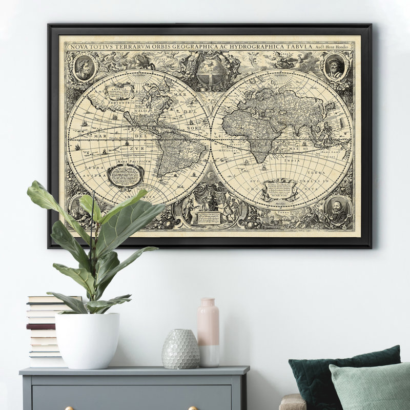 Carte du monde rétro - reproduction de cadre photo, H 18,5 po x l 24,5 po x P 1,5 po, Noir
