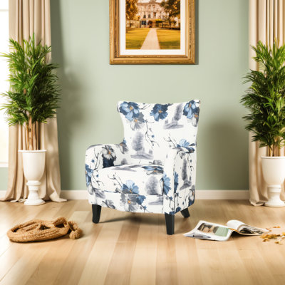 Fauteuil de salon à imprimé rétro, rembourrage doux, design luxueux blanc et bleu pour l'espace, matériau du tissu
