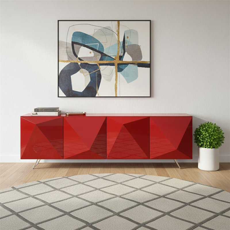 Table console de 94 pouces en acier inoxydable rouge et argent et métal