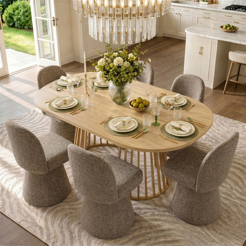6 - Person Dining Table Sets With Extendabe Oval Table & 6 Upholstered Tweed Swivel Chairs, Brown