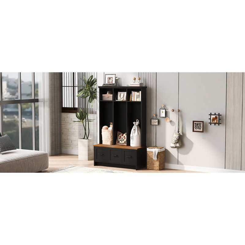 Arbre d'entrée avec banc, 3 tablettes et tiroirs pour le couloir, l'entrée et le salon, Noir