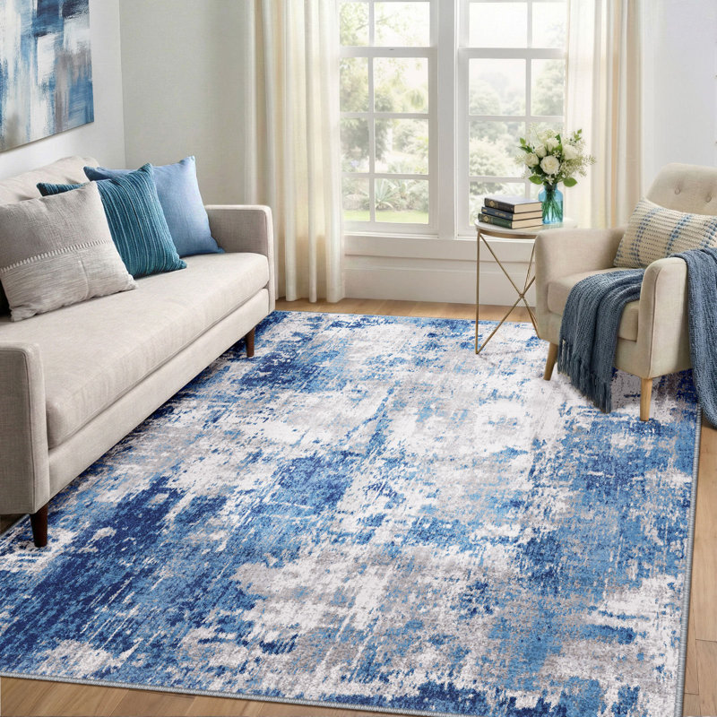 Modern Abstract Printed Area Rug Non-Slip Machine Washable Low Pile for Living Room Bedroom, Gray/Blue, Rectangle 6' x 9'