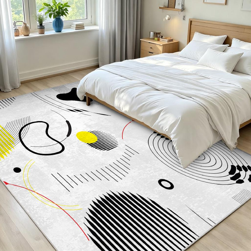 Black Universal Geometric Abstract Art Striped Wallpaper Interior Style Machine Washable Indoor Area Rug, Rectangle 71" x 98"