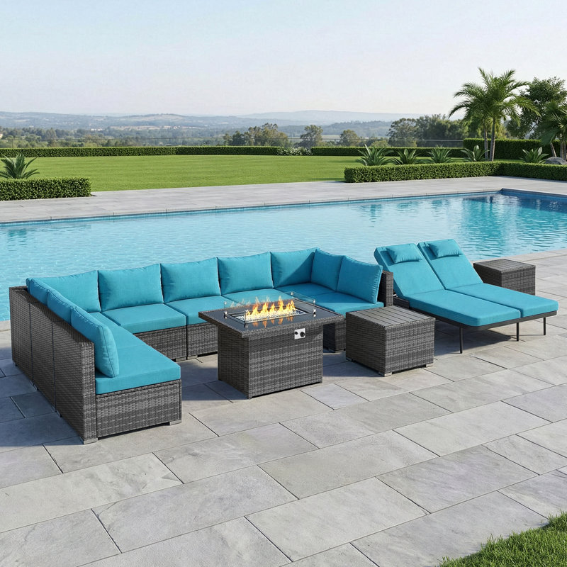 12-Piece Outdoor Conversation Seating Sectional Set With Fire Pit Table And Double Chaise Lounge, Teal