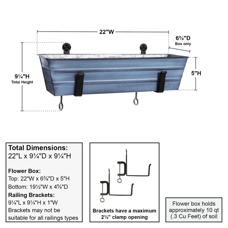 Nantucket Blue Galvanized Steel Rectangular Planter Box with Brackets