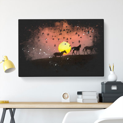 Birds and Horses at Sunset - Wrapped Canvas