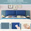 Très grande base de lit tapissier très grand, bleu, coins arrondis doux, stable et solide, sans sommier, facile à assembler, tablettes latérales pour articles, tissu luxueux, décor en cuir, couleur