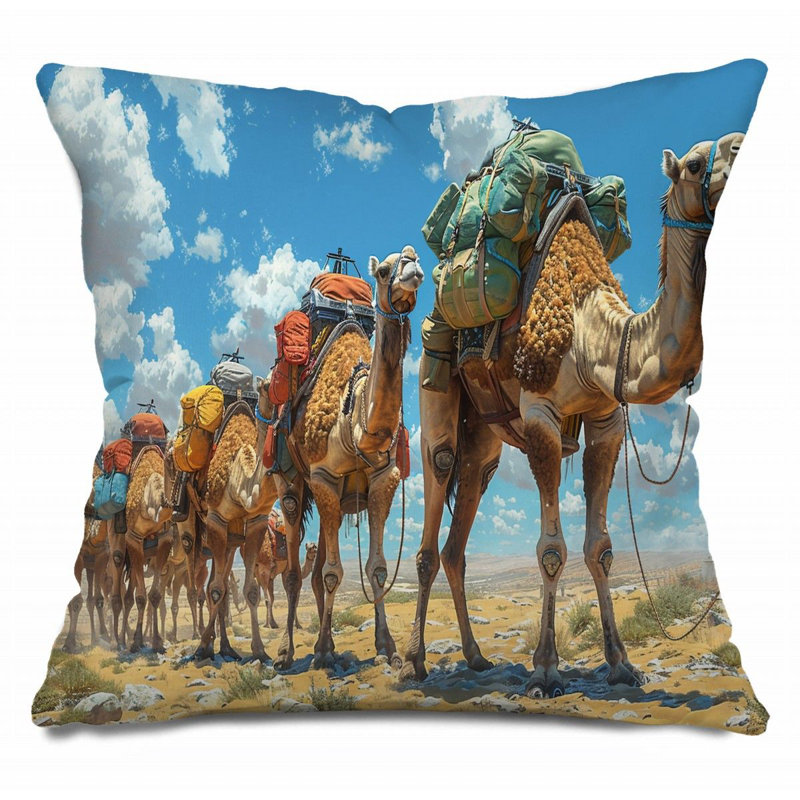 12955_Camel Train Throw Pillow, Artwork Cotton Twill Pillows, 16"H x 16"W