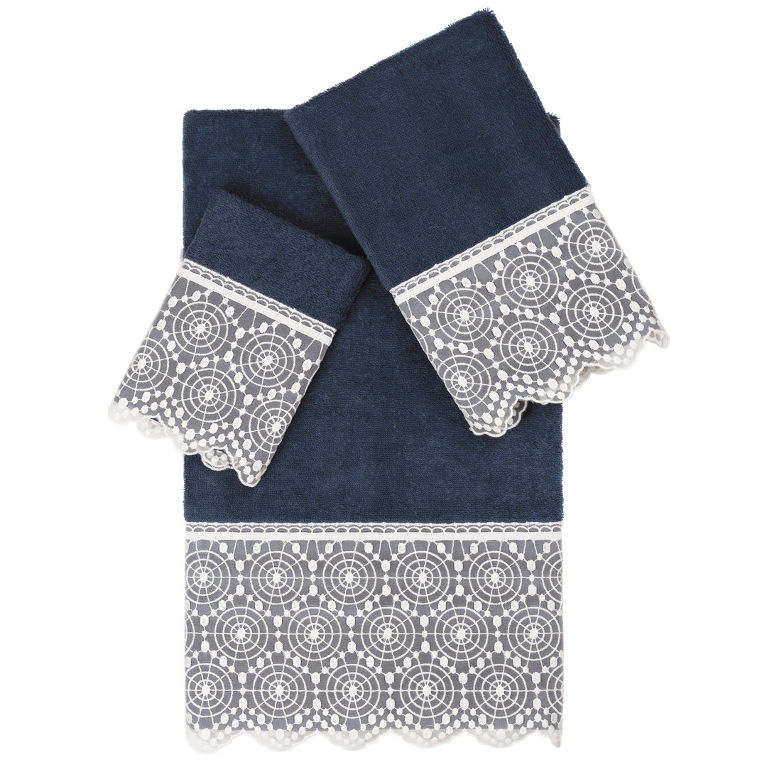  100% Turkish Cotton 3 Piece Navy/Cream Lace Embellished Towel Set (Set of 3) Linum Home Textiles