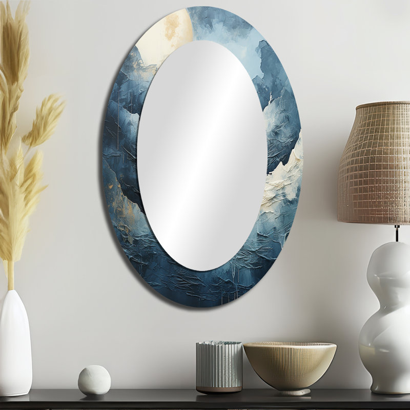 Black And White Mystic Moonlight Mountain River - Large Oval Wall Mirror On Metal, 36" x 24"
