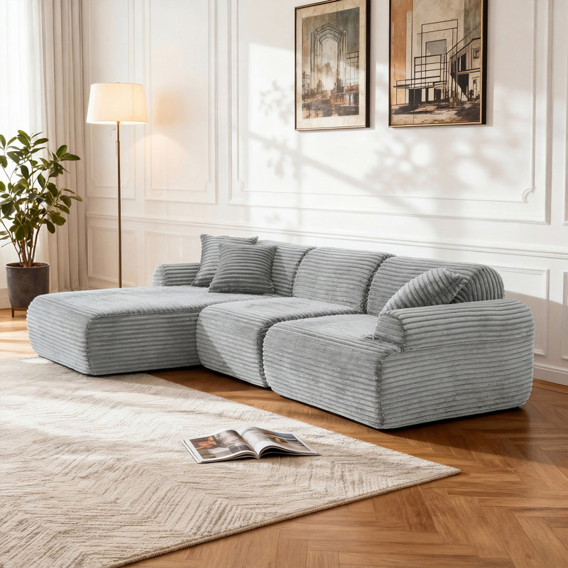 105'' Modular Sectional Sofa Couch, Antique Gray Corduroy, Left Hand Facing