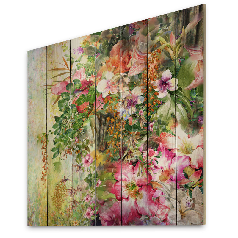 Fleurs de jardin vintage rétro - peinture sur bois sans cadre, H 40 po x l 40 po x P 1 po