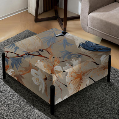 Grand repose-pieds carré beige et bleu à motif floral