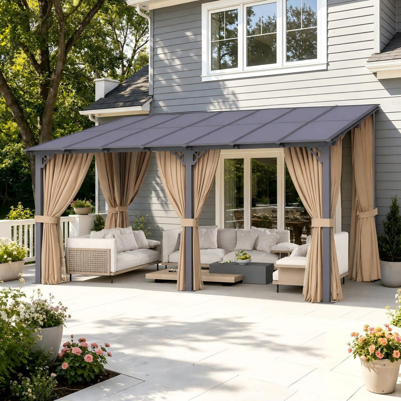 Pavillon de jardin mural 16 'x 10' avec toit en polycarbonate et rideaux d'intimité