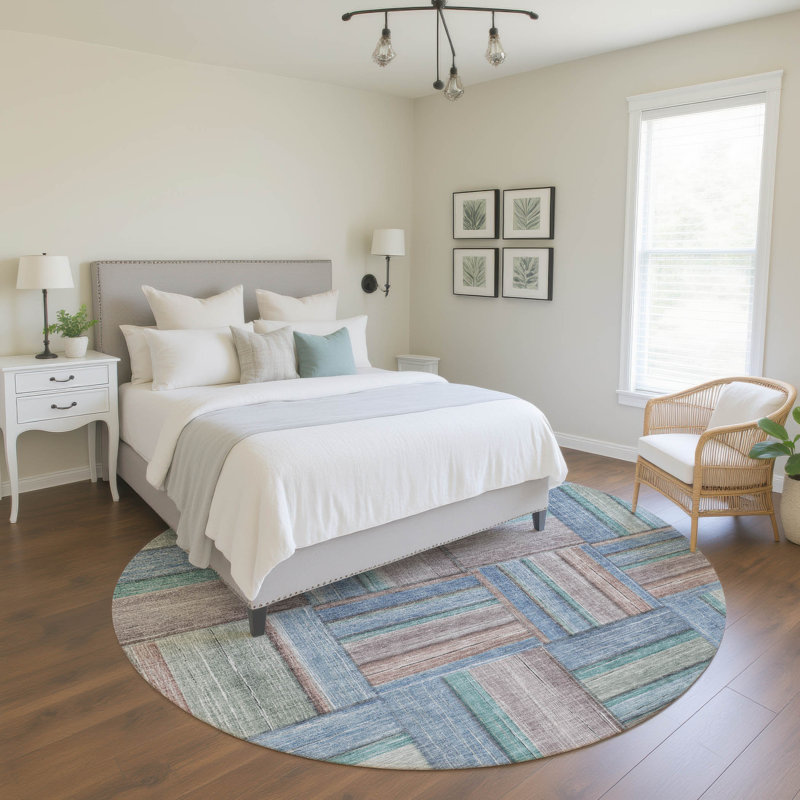 Premium Machine Washable Mayfield AMF2285 Geometric Rug, Denim, 8' Round
