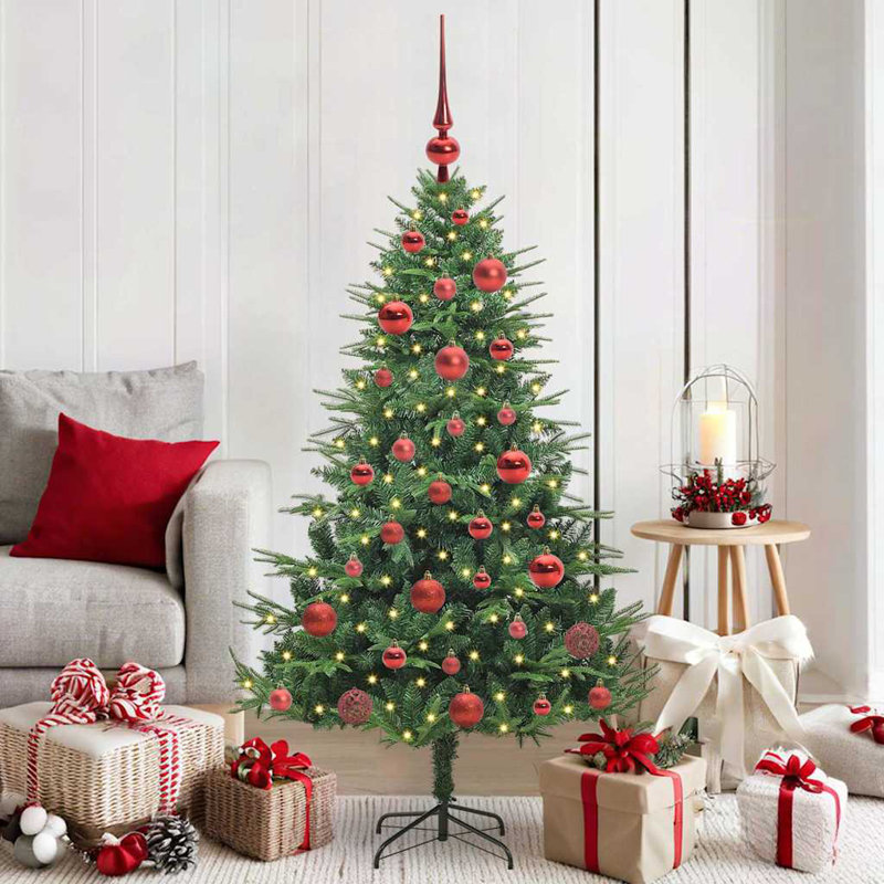 Artificial Pre-lit Christmas Tree with Ball Set, 150cm H, Green/Red