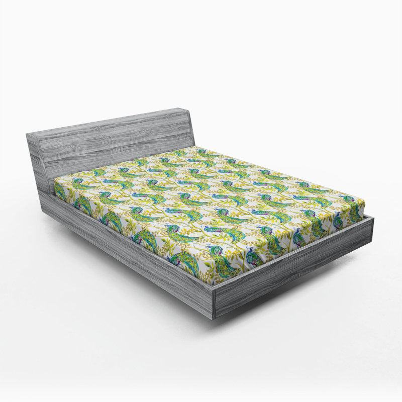 Microfiber Fitted Sheet, Queen Fitted Sheet, Green Peacock Floral