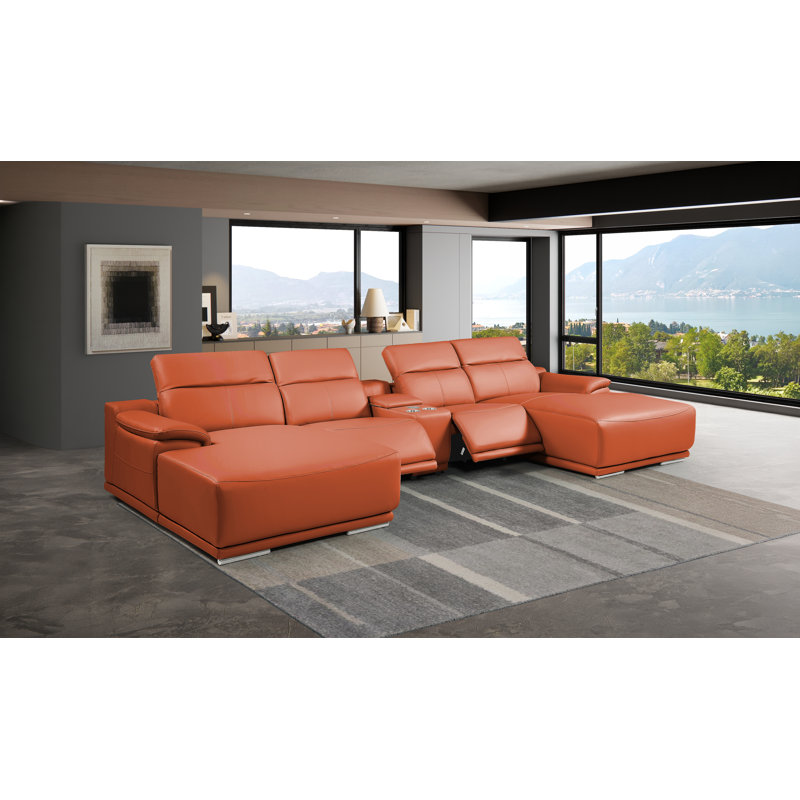 DivanItalia 5-Piece U-Shaped Sectional in Top-Grain Italian Leather with 2 Power Recliner & Adjustable Headrests