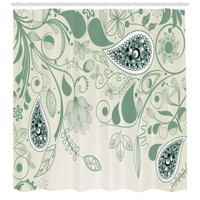 Olive Green Paisley Floral Fabric Shower Curtain
