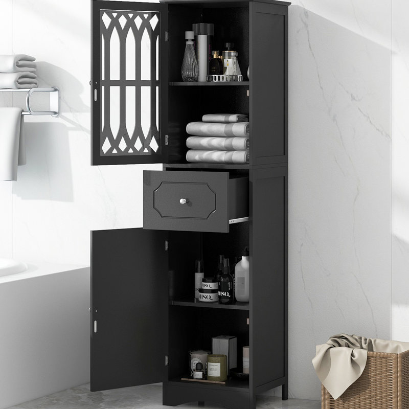 Armoire de salle de bain autoportante noire et élégante grande armoire de rangement noire avec tablettes réglables