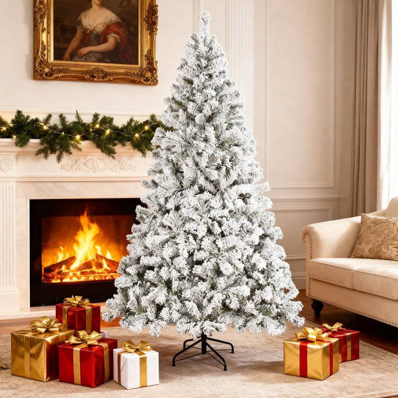 Arbre de Noël enneigé 7,5 pi avec 1405 pointes et base en métal, H 7,5 pi