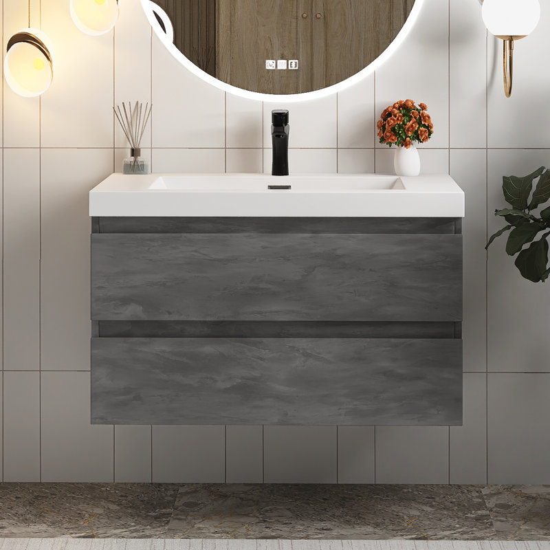 Meuble-lavabo mural simple 36 po avec plateau en résine, Gris Pierre