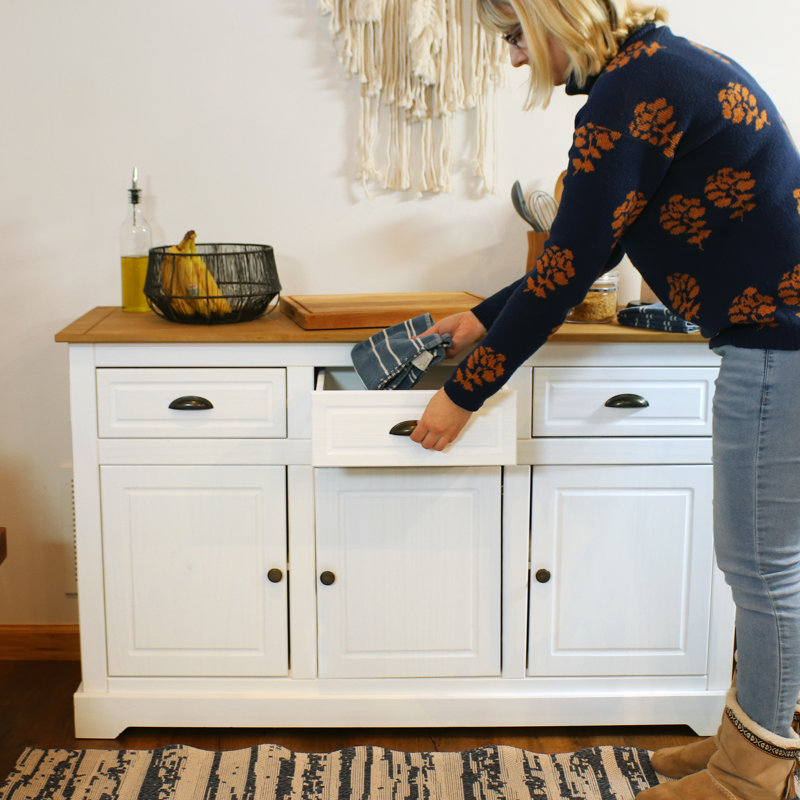52" Solid Pine Sideboard Cabinet with 3 Doors 3 Drawers and Adjustable Shelf, White/Brown