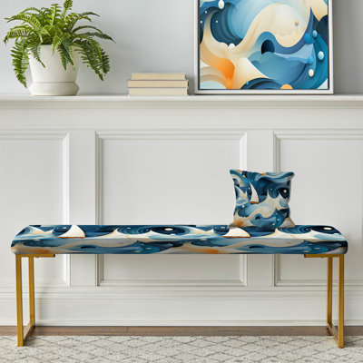 Blue And White Wave - Coastal Upholstered Gold Bench