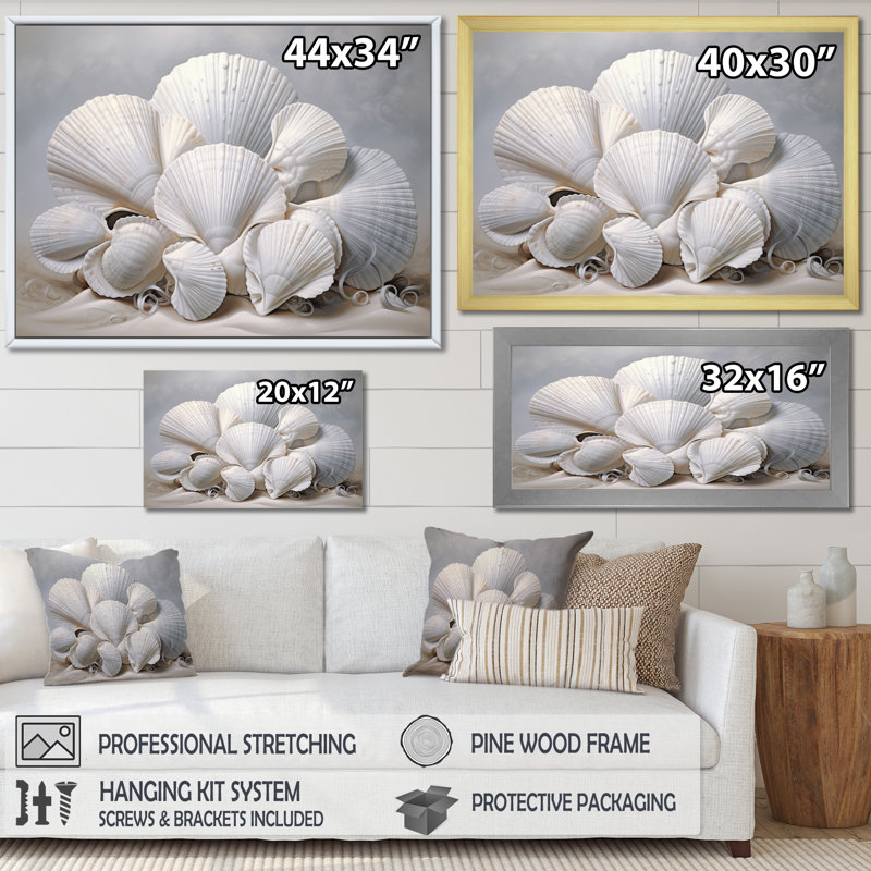 Coquillages blancs monochromes, H 12 po x l 20 po x P 1 po, Cadre flottant doré